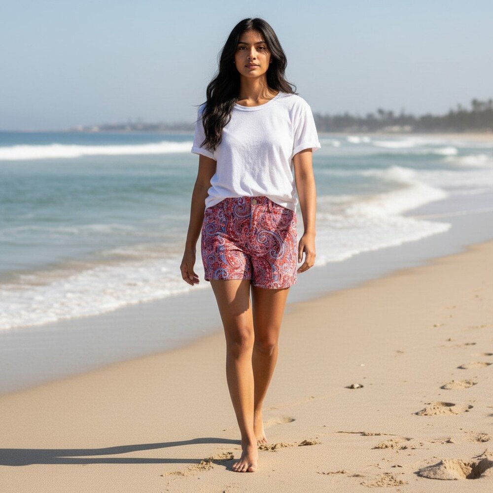 Bandolino Amy Shorts Size 10 Red Paisley Stretch Cuffed Mid-Rise Boho Coastal